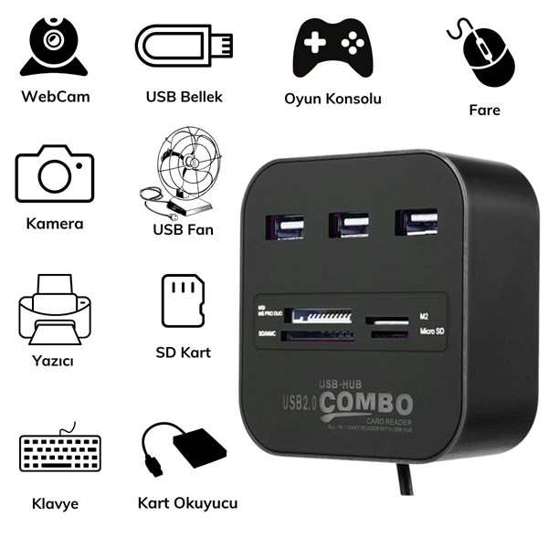 BUFFER® 3 Port Girişli Güçlü Usb 2.0 Port Çoklayıcı Çoğaltıcı Adaptör Hub ve Kart Reader Okuyucu