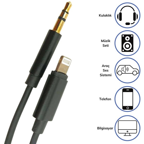 BUFFER® iPhone Lightning Aux Araç Dönüştürücü Ses Kablosu 3.5 mm Jack Girişli