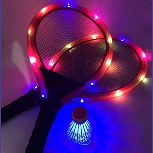 BUFFER® Işıklı Badminton Seti Hafif Portatif Taşınabilir Fileli Işıklı Raket Işıklı Topu Dahil