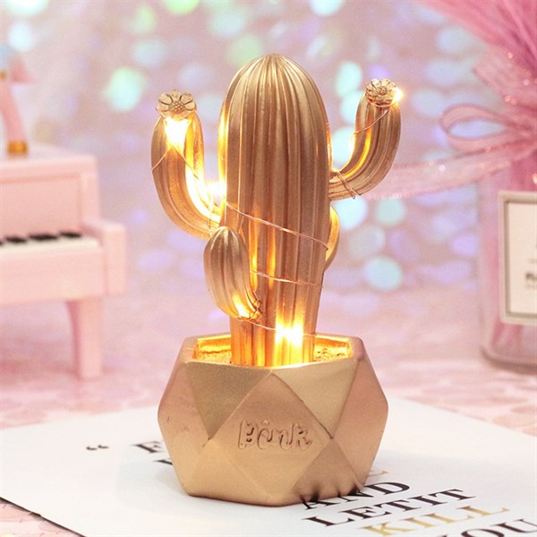BUFFER® Led Işıklı Sevimli Kaktüs Dekoratif Masa Lambası Mini Biblo Gece Lambası Gold